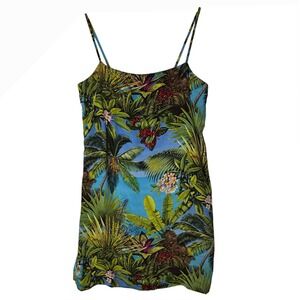 Vintage Silk‎ Tropical Slip Dress Womens Size 16 Blue Palm Floral Resortwear